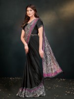 Black Crepe Satin Silk Ready To Wear Saree